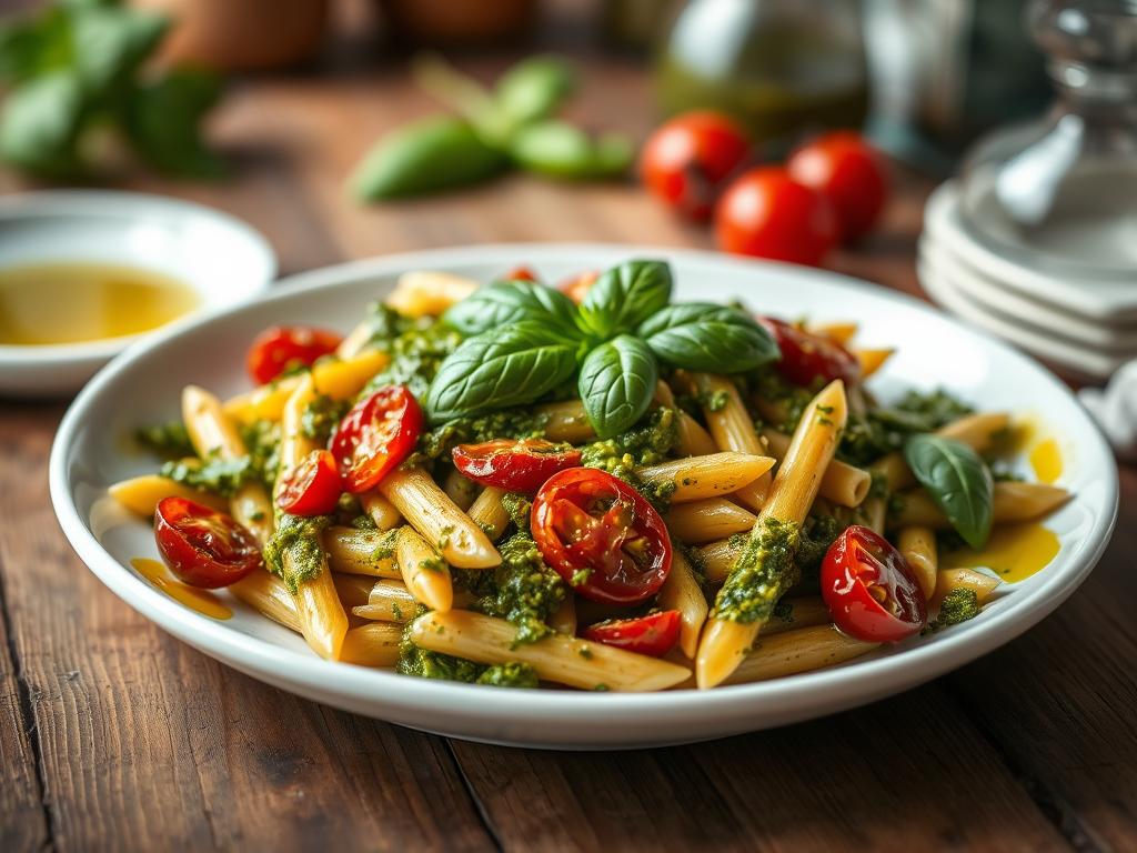 Penne ao Molho Pesto com Tomate Seco