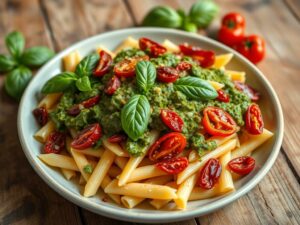 Penne ao Molho Pesto com Tomate Seco