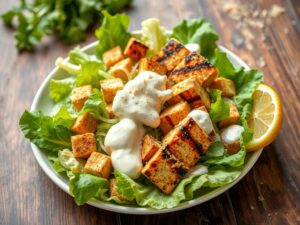 Salada Caesar Vegana com Tofu Grelhado